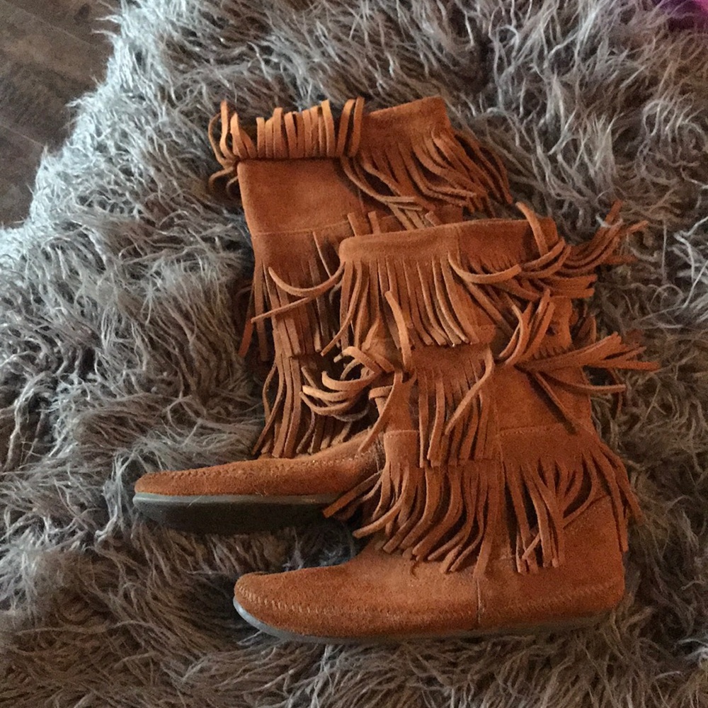 Tan fringe boots